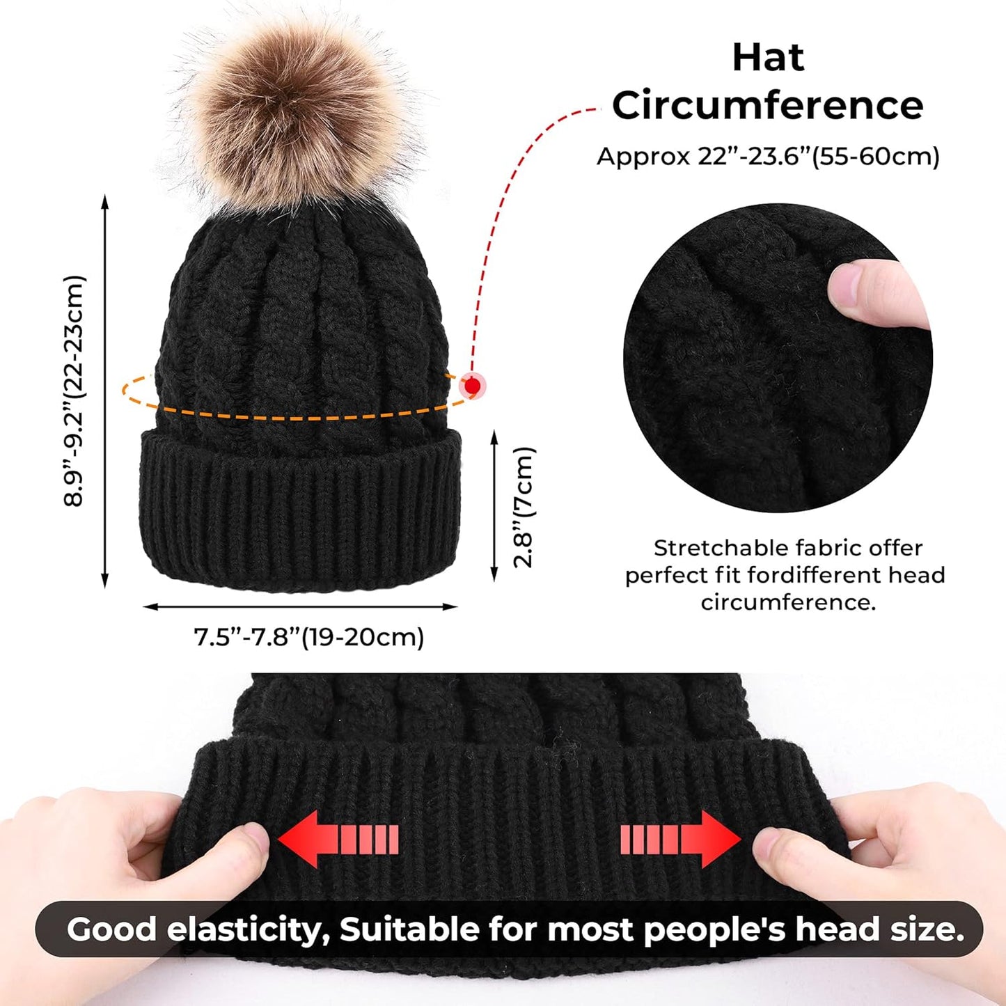 Women'S Winter Soft Knit Beanie Hat with Faux Fur Pom Pom Warm Skull Cap Beanies for Women