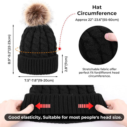 Women'S Winter Soft Knit Beanie Hat with Faux Fur Pom Pom Warm Skull Cap Beanies for Women