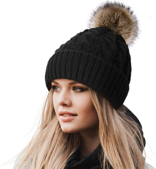 Women'S Winter Soft Knit Beanie Hat with Faux Fur Pom Pom Warm Skull Cap Beanies for Women