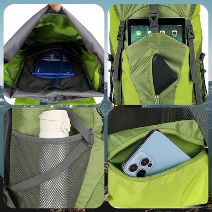 75L Hiking Backpack with Rain Cover Waterproof Camping Backpack Shoes Warehouse for Men Women, Frameless