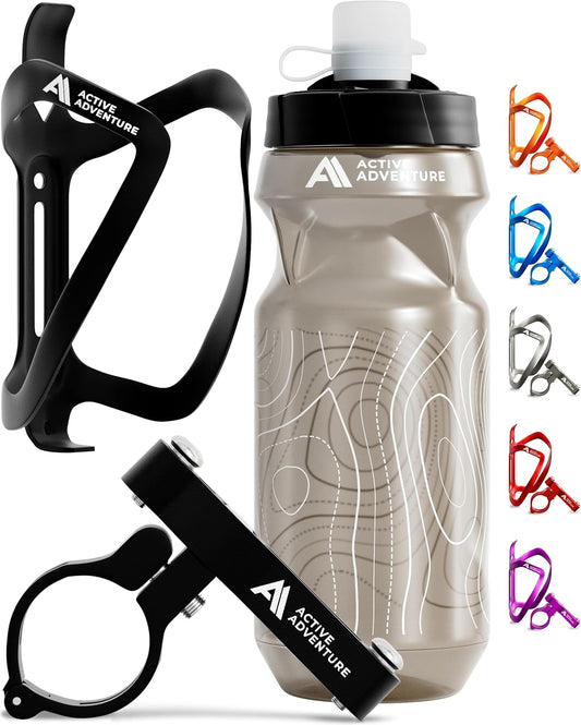 Bike Water Bottle Holder Combo - 20 Oz Squeeze Bottle & Bicycle Mount Cage Rack, No Screws Needed, Durable Alloy - Fits All Handlebar Bikes & MTB Mountain Road - for Adults, Kids (Black)
