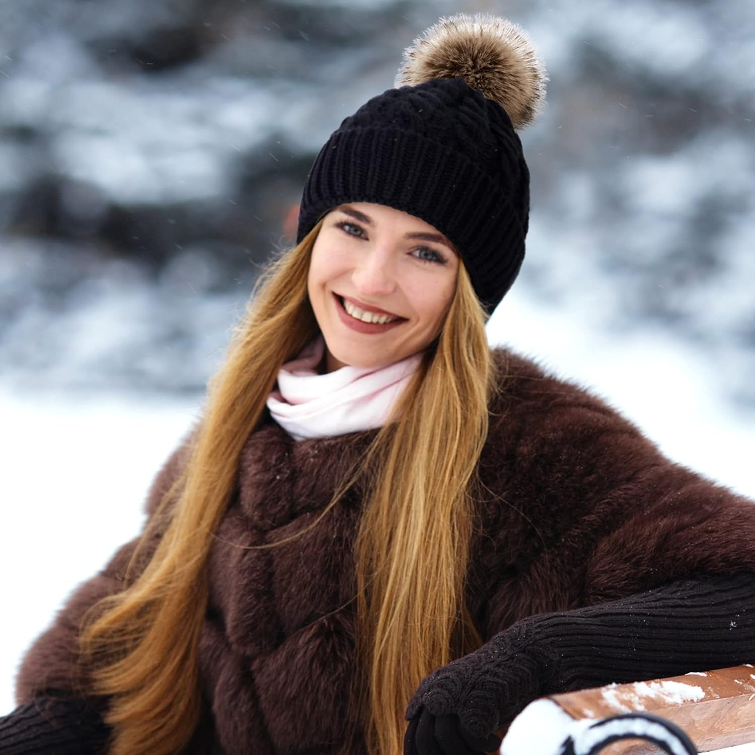 Women'S Winter Soft Knit Beanie Hat with Faux Fur Pom Pom Warm Skull Cap Beanies for Women